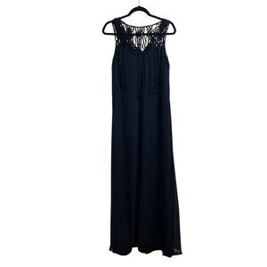 Calypso St. Barth M summer maxi dress navy blue lace rope fringe lined silk